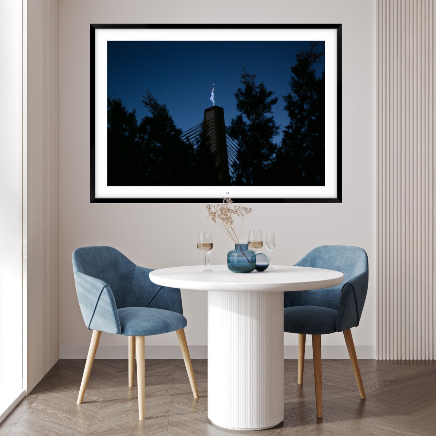 Fine art photographic print of Anzac Bridge at twilight with Australian flag, in Modern dining setting.