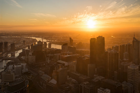 Fine art photograph of Melbourne CBD skyline in golden hour light sunset