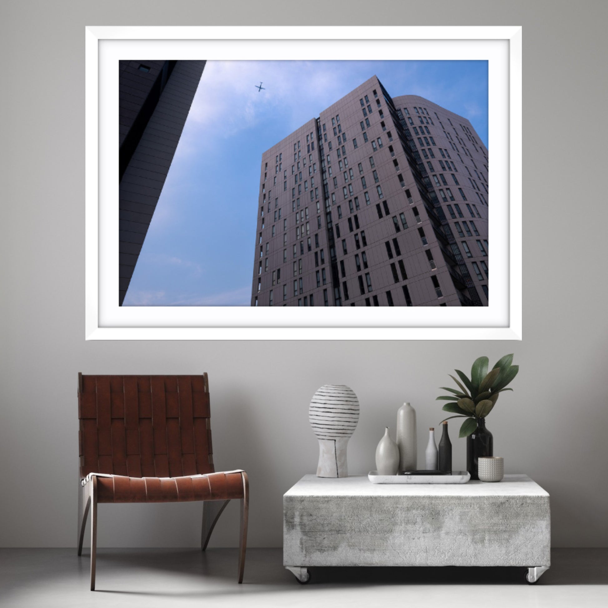 Abstract framed fine art photograph of Sugar Dock in Jacksons Landing, Pyrmont  displayed on a wall above a modern interior setting.