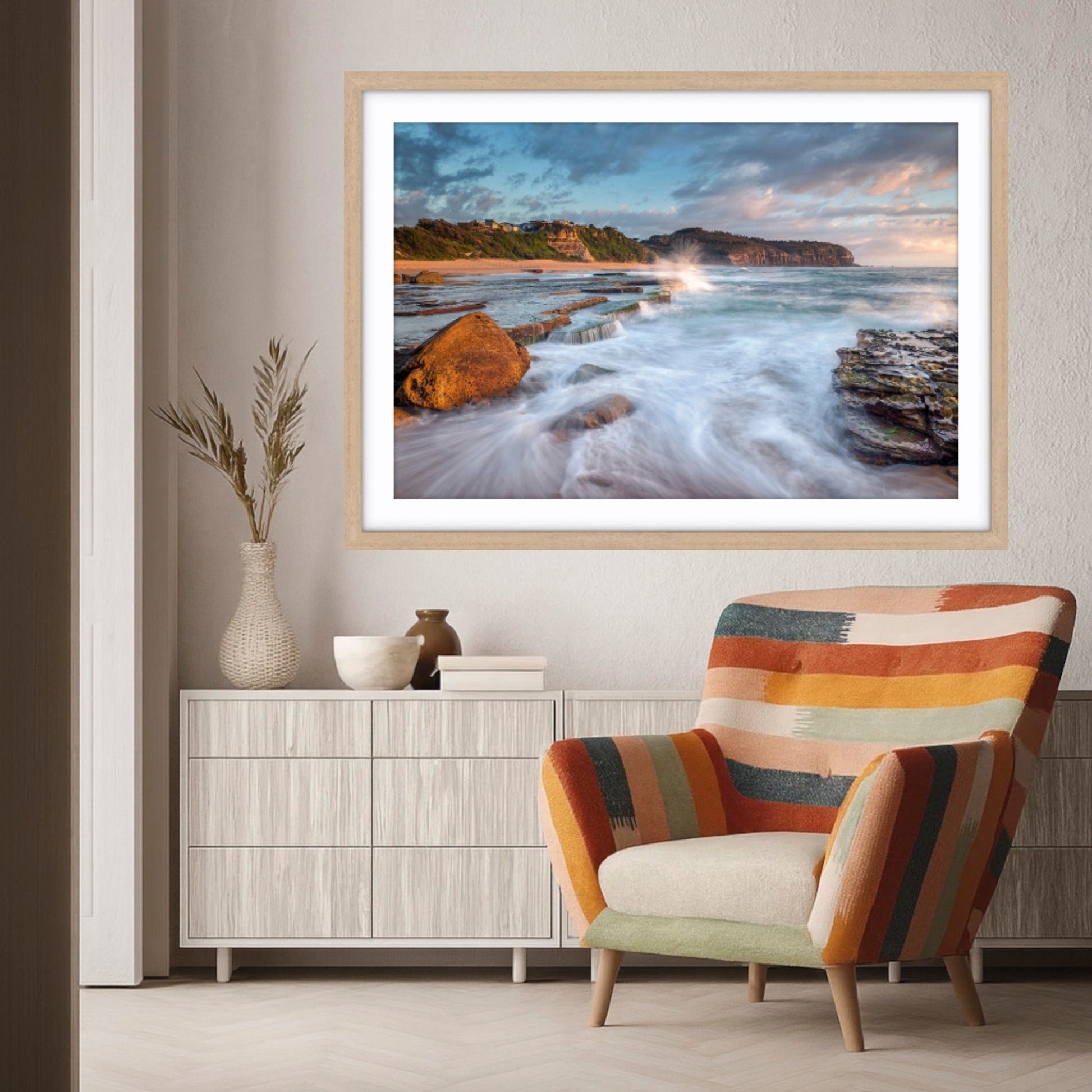 Framed fine art photograph print at Turimetta Beach, Sydney in a modern interior. 