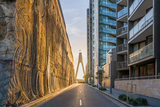 Color photograph golden light sandstone quarry Distillery Drive residential towers Pyrmont industrial heritage contemporary architecture Sydney
