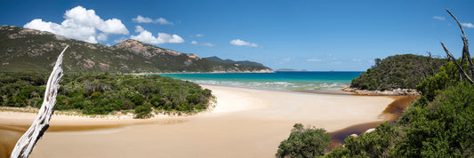 Tidal River Wilsons Promontory Norman Beach Victoria with estuary meeting Bass Strait and Skull Island on horizon