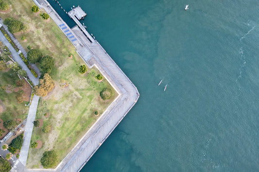 Color aerial photograph Pirrama Park kayaks Pyrmont abstract geometric patterns vertical perspective Sydney harbor