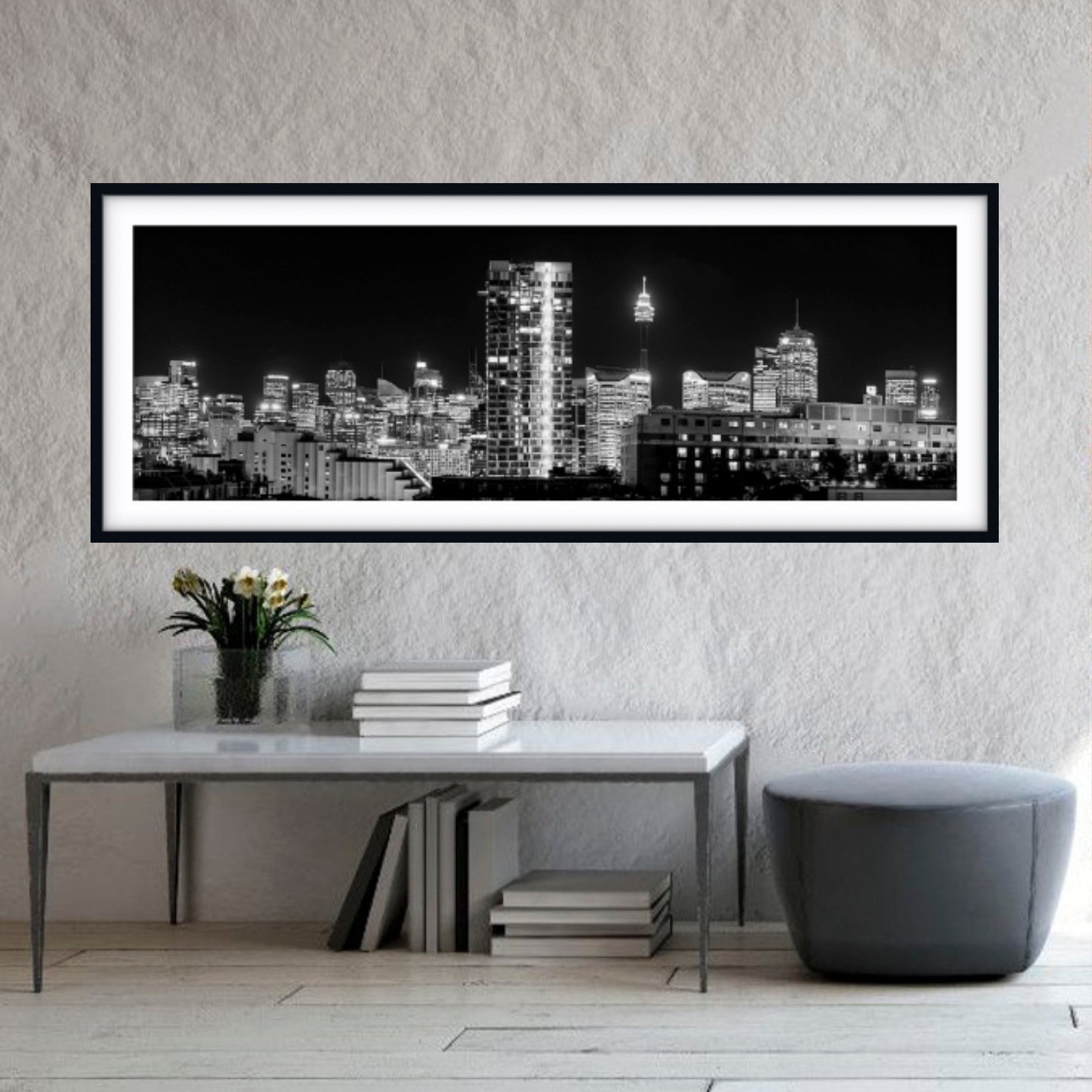 Framed fine art photograph Sydney CBD  print on a wall in a modern living room.