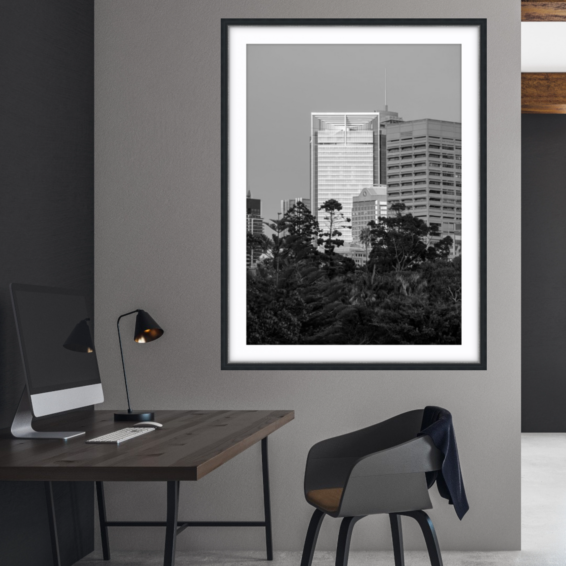 Fine art black and white photographic print of ANZ Tower, Sydney CBD with Domain trees in foreground, wall mounted.  