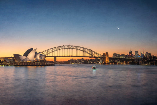 Color photograph of motor cruiser and Manly ferry Farm Cove Sydney Opera House Harbour Bridge