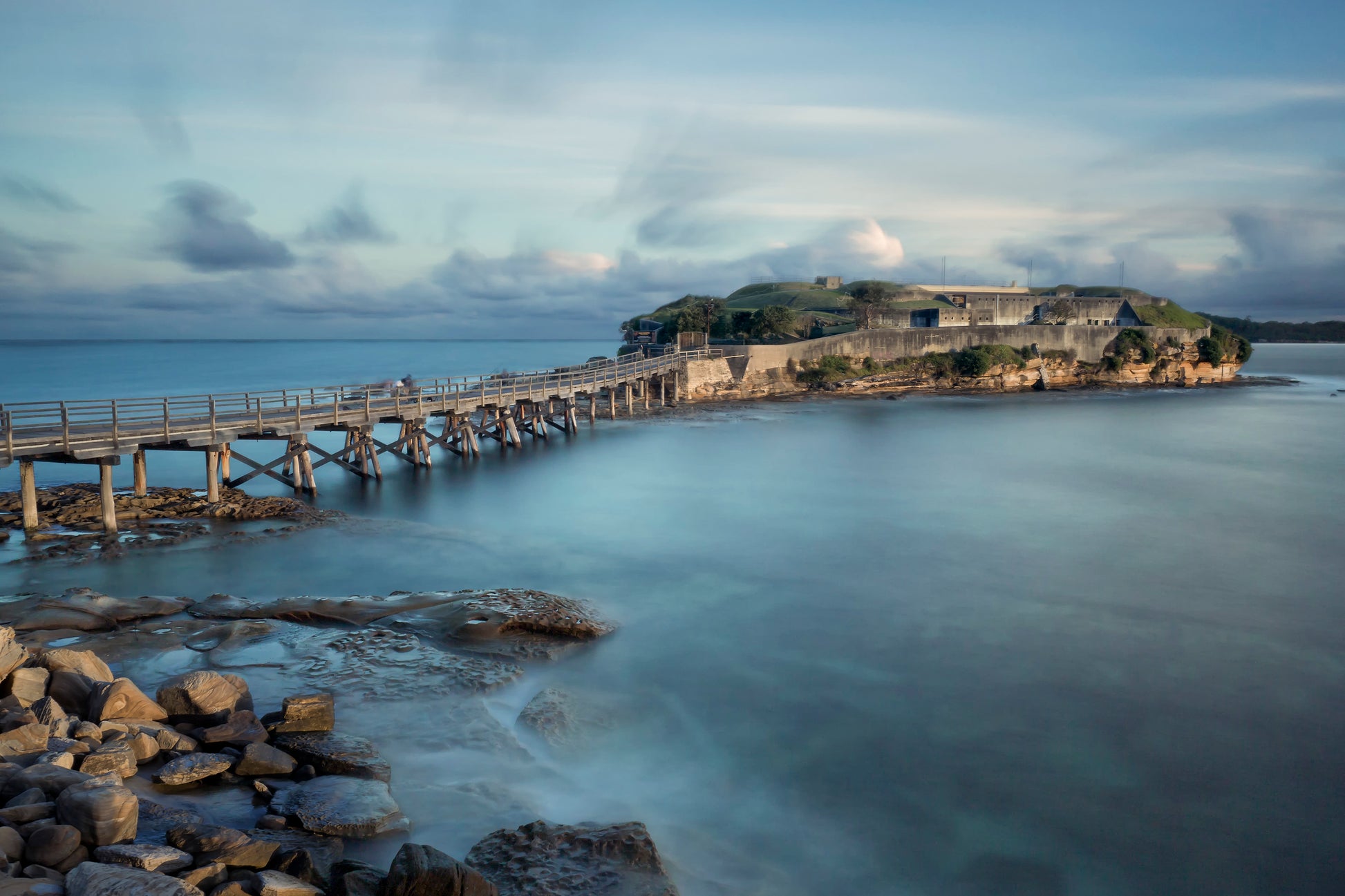 La Perouse Sydney abstract painterly coastal landscape with motion blur blue grey and golden tones