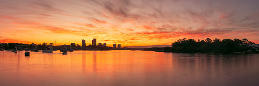 Color long exposure panoramic photograph from Breakfast Point with Putney Wentworth Point Mortlake Parramatta River burnished sky glasslike water