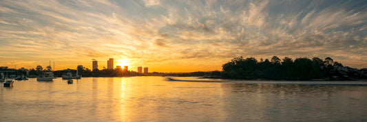 Breakfast Point Parramatta River Sydney sunset long exposure with golden reflections calm water and dramatic sky