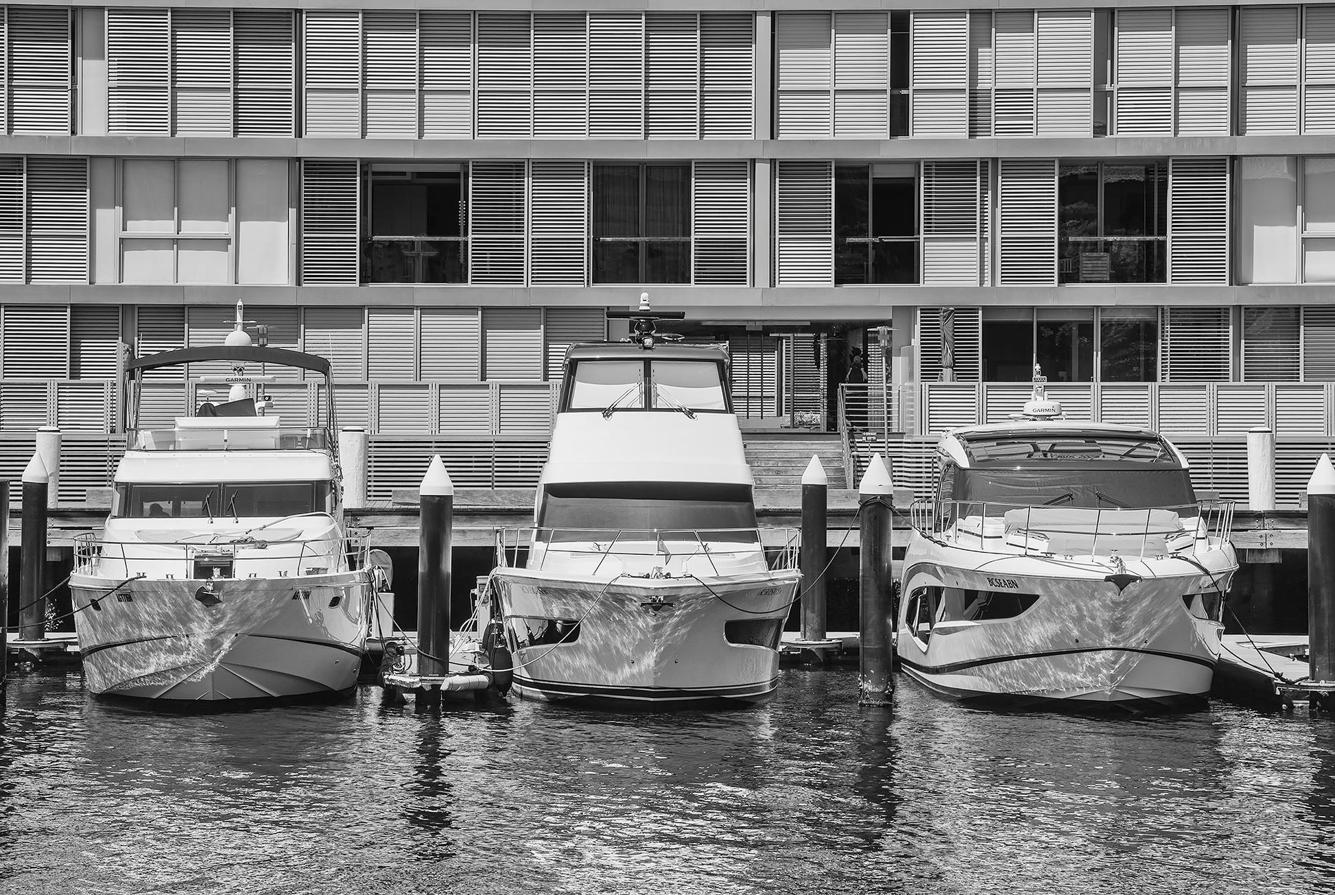 Black and white photograph of three luxury motor cruisers moored at Pyrmont marina Sydney Harbour waterfront
