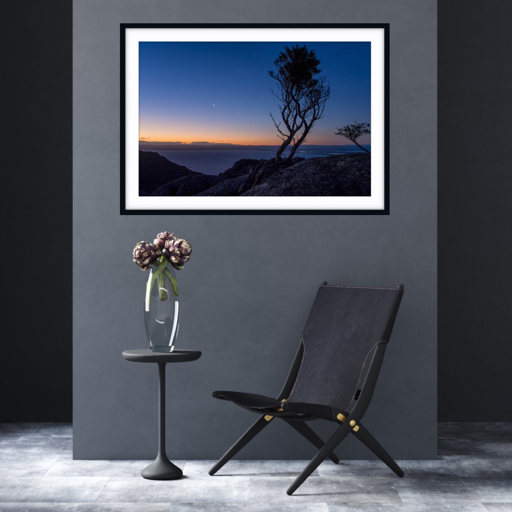Framed fine art photograph of a wirey tree atop Mount Amos, Tasmania, silhouetted against twilight sky.