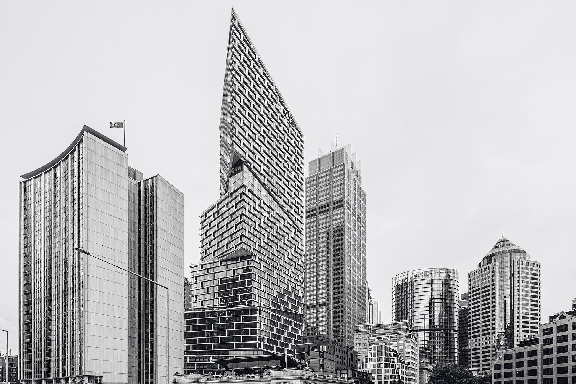 Black and white architectural photograph of Quay Quarter Tower Sydney with harbour views Opera House and Harbour Bridge
